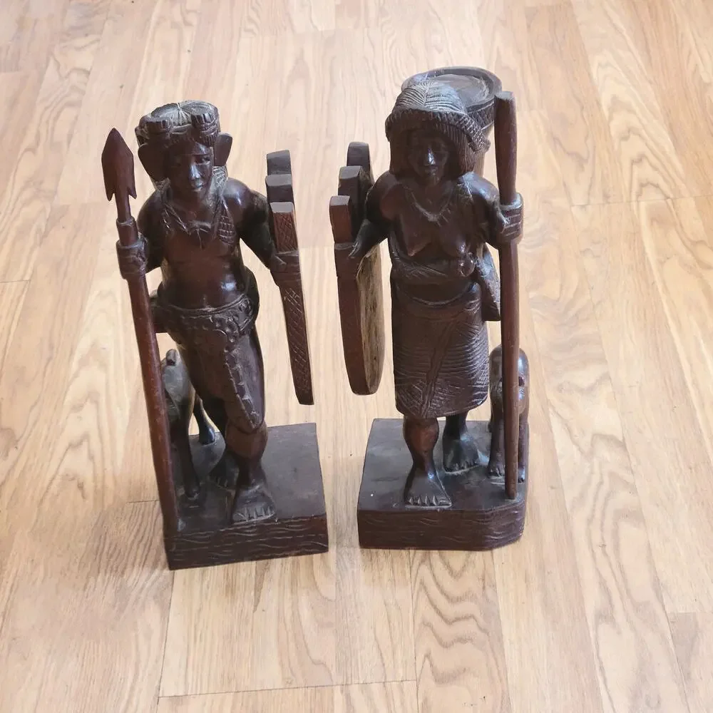 Vintage Latin American Carved Wood Book ends Statues Men and Women with dog